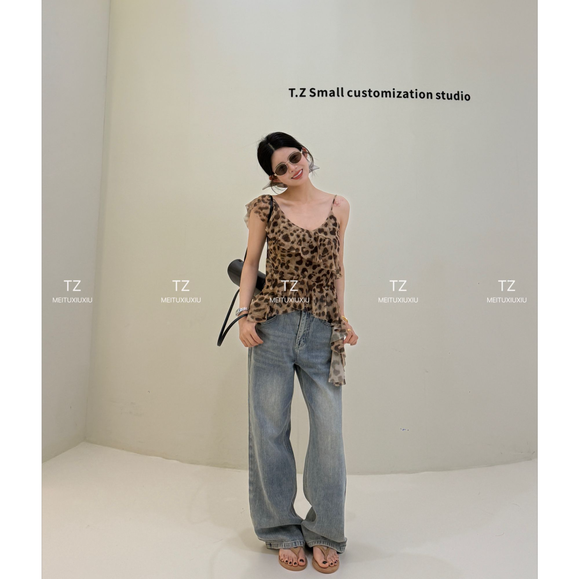 【婷子定制】~150小个子夏款不对称斜肩荷叶边纯欲辣妹豹纹吊带F8