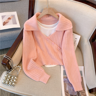 新款 韩版 两件套上衣女秋季 小个子短款 温柔气质chic粉色针织衫 外穿