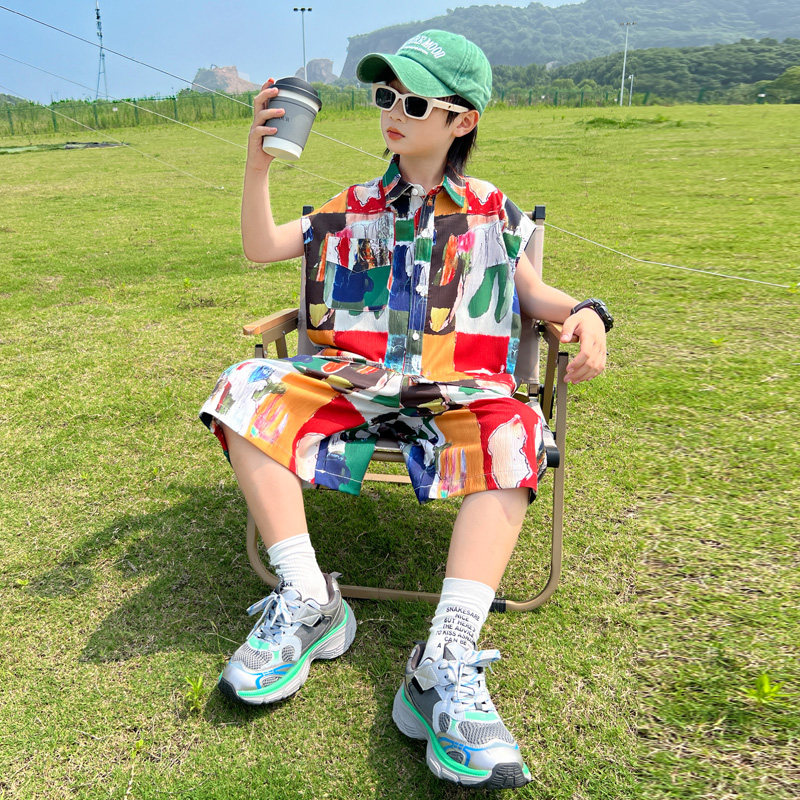 男童夏季衬衫套装2025新款儿童装夏装短袖薄款大童男孩痞帅时髦潮