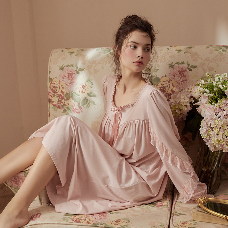 尘熙原创睡裙女春秋季长袖薄款复古宫廷风公主甜美蕾丝家居裙睡衣