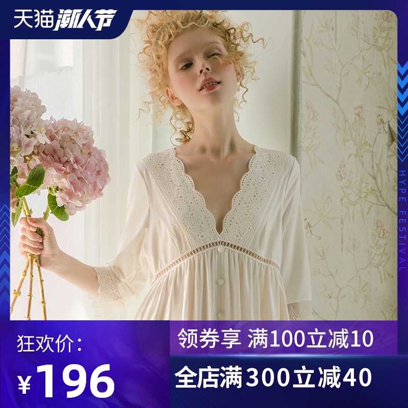 春季宫廷性感蕾丝长袖V领纯色针织棉睡裙女夏长款闺蜜家居服睡衣