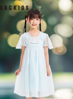 abckids童装2023夏季新品女童网纱刺绣公主梭织连衣裙F321316193