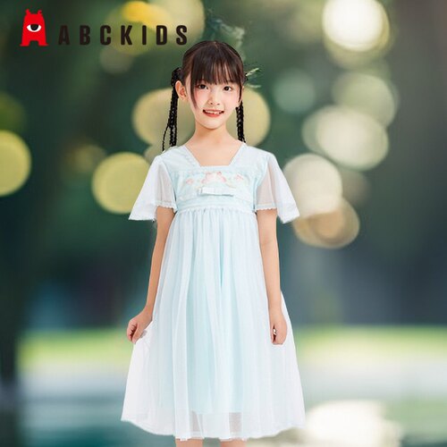 abckids童装2023夏季新品女童网纱刺绣公主梭织连衣裙F321316193