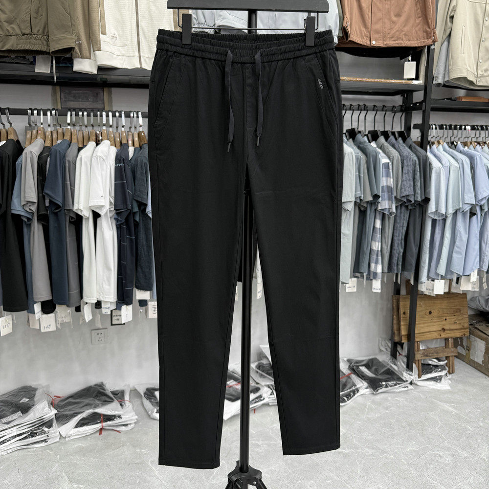 剪标男装时尚休闲裤系带直筒修身微弹显瘦减龄黑色长裤子爸爸装男