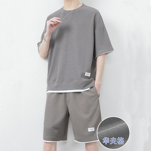 五分裤运动潮华夫格短套装