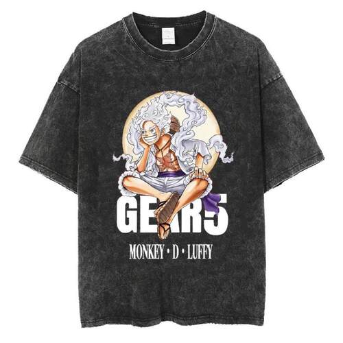日本动漫海贼王One Piec T-Shirt路飞罗复古纯棉水洗短袖T恤衫男