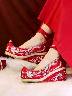 增高红色古风秀禾服汉服鞋 中式 女结婚新娘鞋 子绣花鞋 婚礼秀禾婚鞋