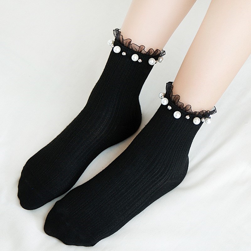 袜子女珍珠薄款中筒日系花边新款ins卷边袜子木耳边时尚棉袜黑色