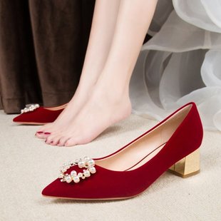 加绒新娘鞋 婚鞋 新款 不累脚红色秀禾服孕妇鞋 女粗跟2023年春夏季 子