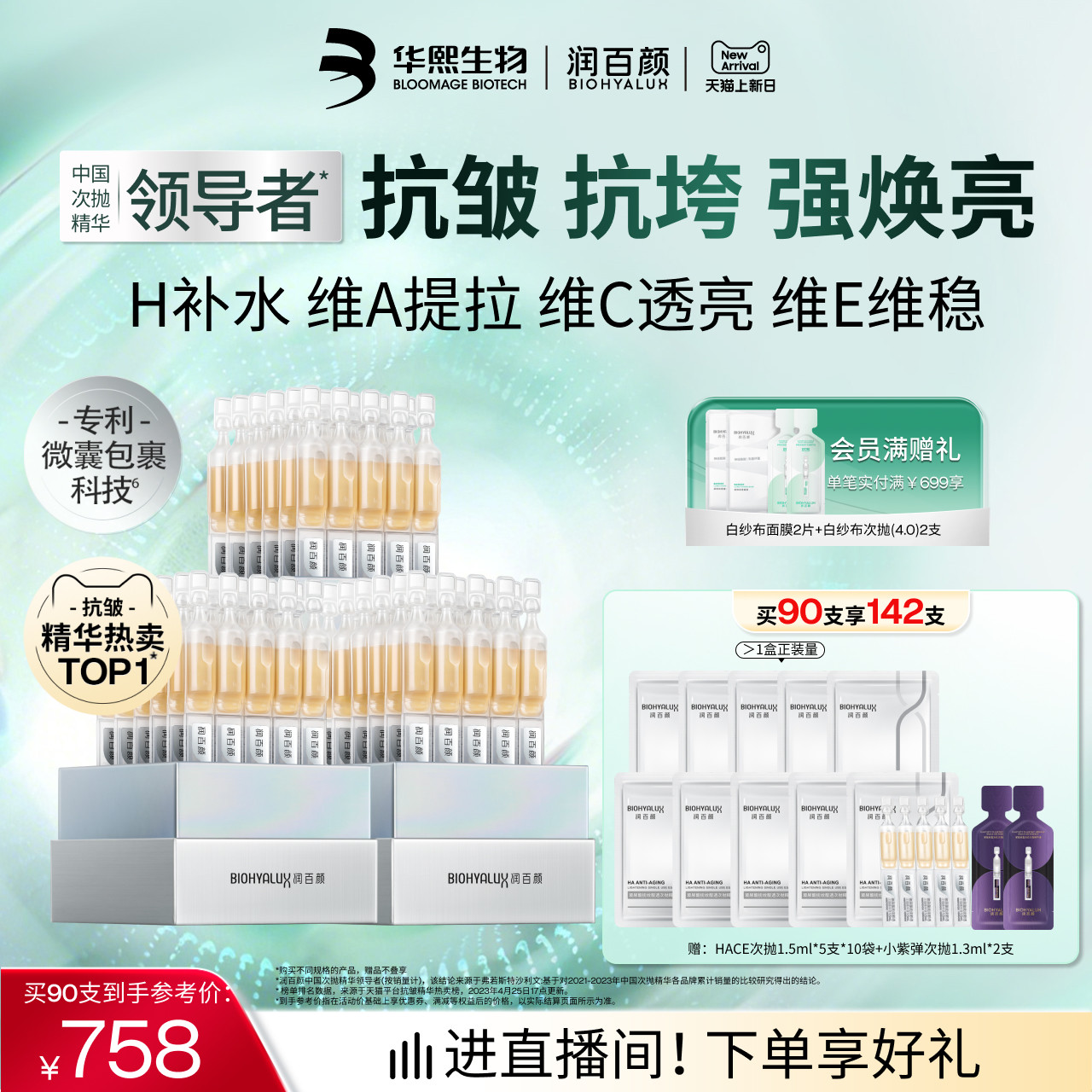 润百颜HACE次抛精华液早c晚a提拉抗皱紧致淡纹焕亮玻尿酸修护ECM