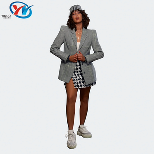 外套 Adidas HG2344 西装 女子格纹单排扣翻领修身 阿迪达斯 三叶草