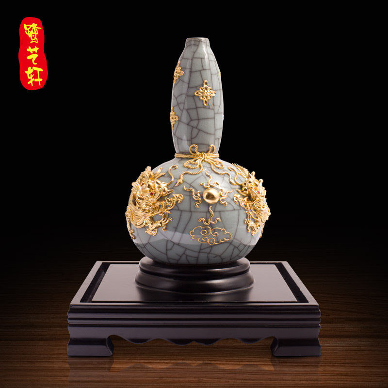 双龙开口葫芦哥窑瓶漆线雕葫芦厦门特色开业生日搬家生意兴隆礼品