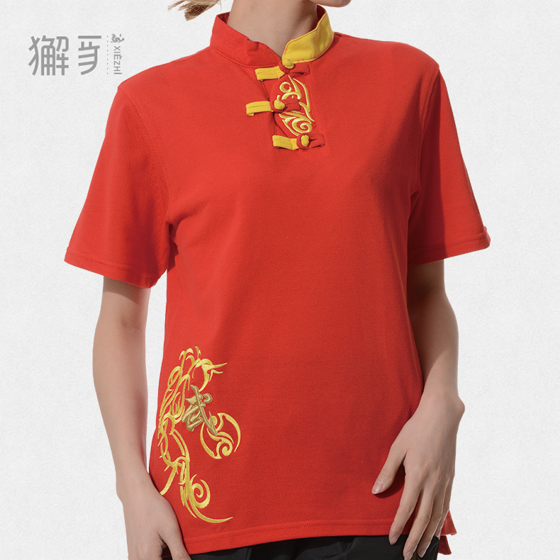 獬豸中国扣凤纹中式t恤 武术表演太极训练服男女教练刺绣夏短袖衫
