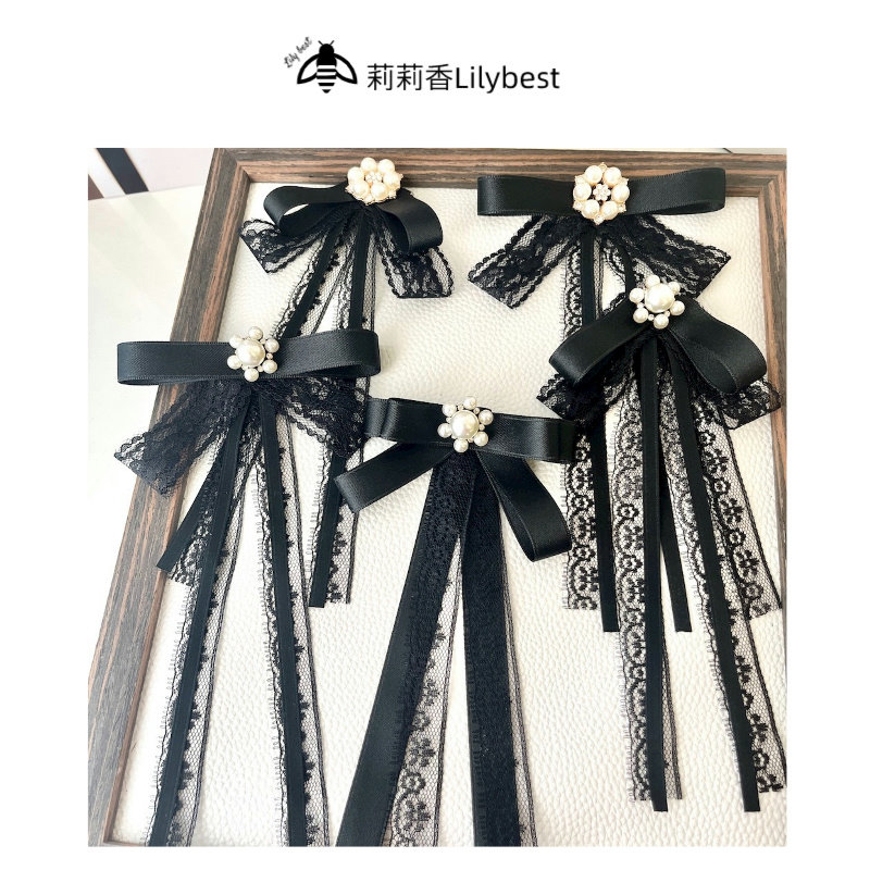 黑色白色蕾丝胸针公主风珍珠花盘飘带蝴蝶结领花扣针搭配白衬衫韩