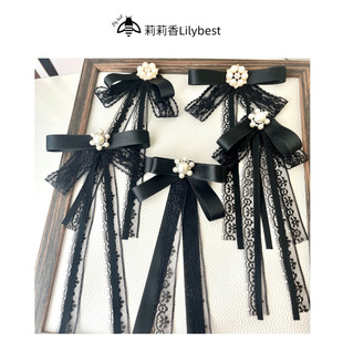 韩 黑色白色蕾丝胸针公主风珍珠花盘飘带蝴蝶结领花扣针搭配白衬衫