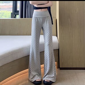 波点微喇阔腿裤女秋季新款修身高腰显瘦口袋款嗽叭裤小个子休闲裤