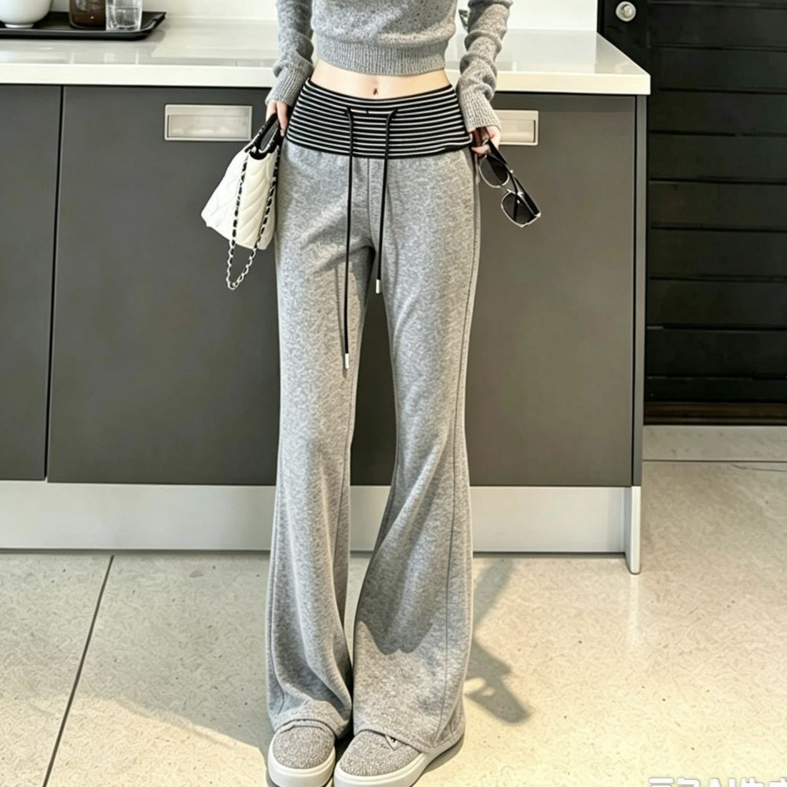 条纹拼色腰阔腿裤女秋冬2026新款韩系微喇裤垂感显瘦糯米呢休闲裤
