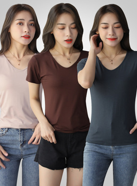 莫代尔短袖白色面膜t恤女夏V领2025年新款大码低领宽松打底衫上衣