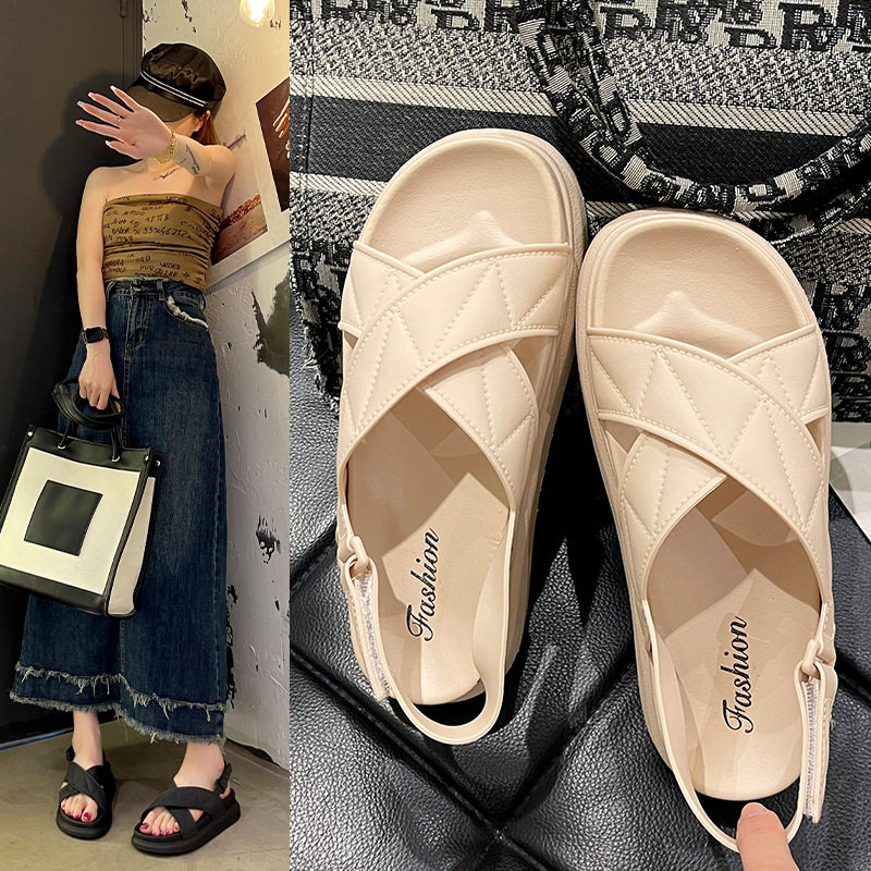 2023新款网红厚底凉拖鞋夏季时尚女生交叉带平底凉鞋魔术贴沙滩鞋