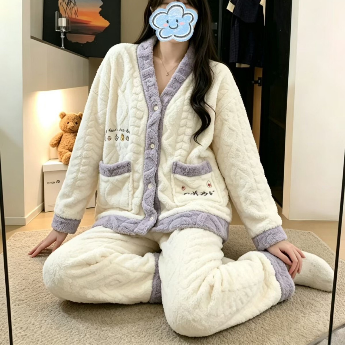 珊瑚绒睡衣女秋冬新款加厚牛油果暖暖套装冬可外穿宽松大码家居服