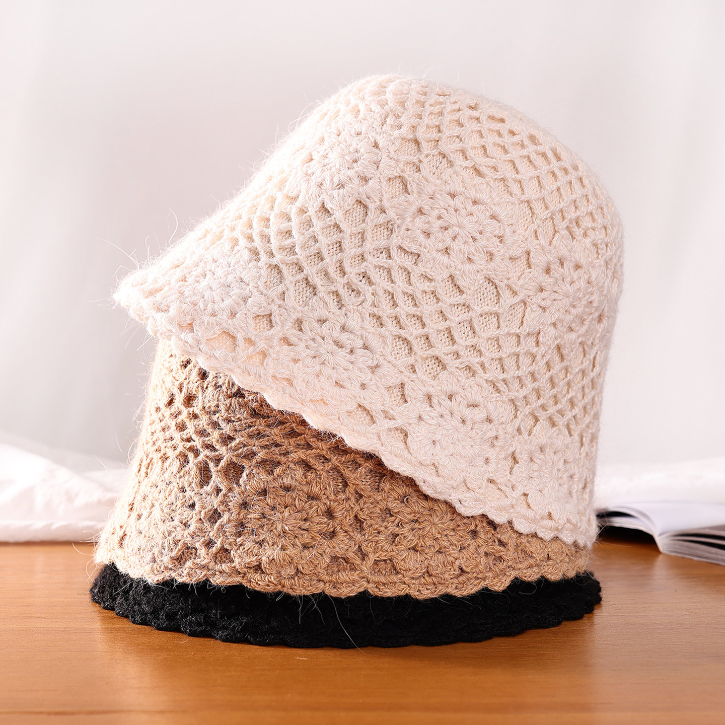 手工编织镂空渔夫帽女秋冬时尚蕾丝花边兔毛保暖帽子显脸小水桶帽,服饰配件/皮带/帽子/围巾,帽子,淘宝优惠券,粉丝福利购,淘宝优惠卷