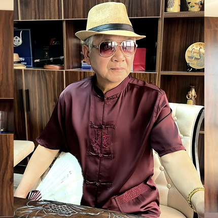 中老年唐装男士爷爷夏季短袖老人衣服中国风冰丝套装爸爸夏装衬衫