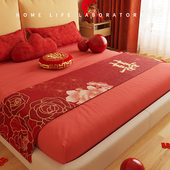 结婚床旗床盖巾红色喜庆婚床氛围感装 饰盖布巾婚庆桌旗床尾毯搭巾