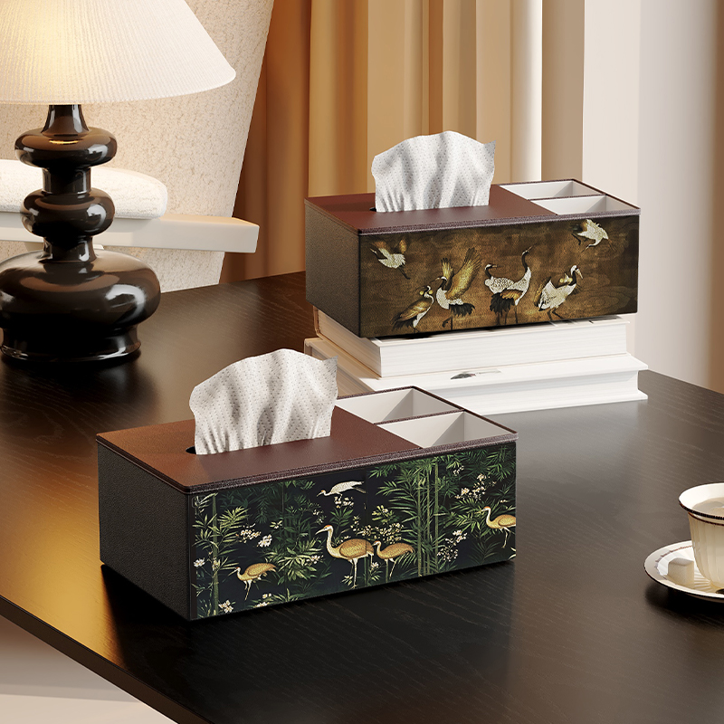 新中式皮革纸巾盒客厅家用卫生纸盒轻奢高级感纸巾收纳盒桌面卫生