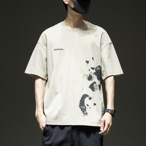 国潮熊猫水墨画短袖t恤男夏季亚麻宽松休闲圆领半袖HAMMER SHARK