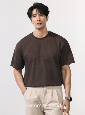 意式老钱风肌理感条纹短袖T恤男士夏季透气通勤百搭纯色圆领上衣