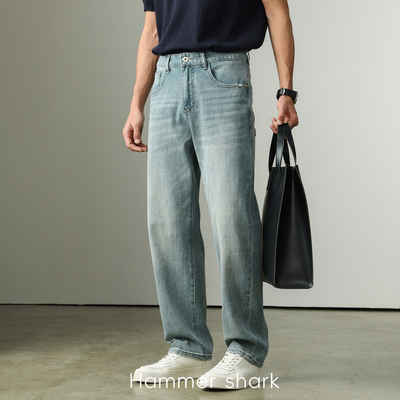 海雾蓝浅色四面弹力牛仔裤男士商务通勤小直筒长裤男HAMMER SHARK