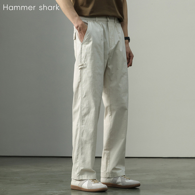 HAMMER SHARK高支棉直筒休闲裤男士夏季新款白色男裤百搭通勤长裤
