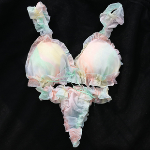 外贸马卡龙水嫩文胸套装女木耳花边甜美胸罩内裤可爱胸垫内衣日本