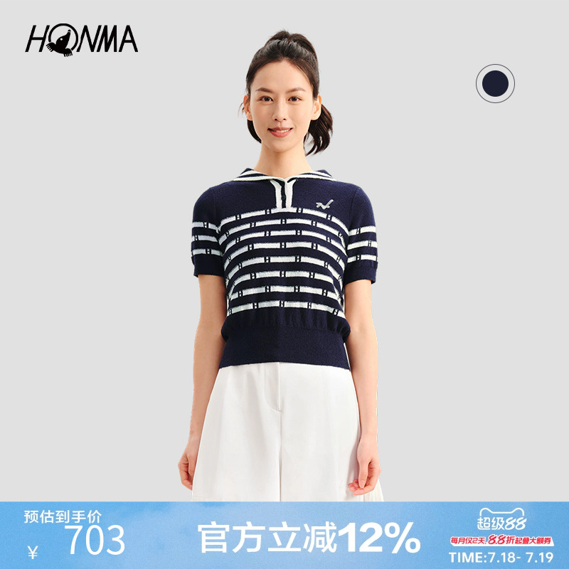 honma女式短袖针织衫海军领翻领
