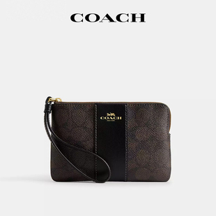 【国内现货】COACH/蔻驰Corner经典女款手拿包深咖老花手腕钱包