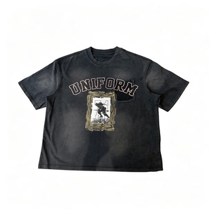 Basic annals做旧水洗短袖T恤男复古字母印花喷码溜假口袋boxyfit