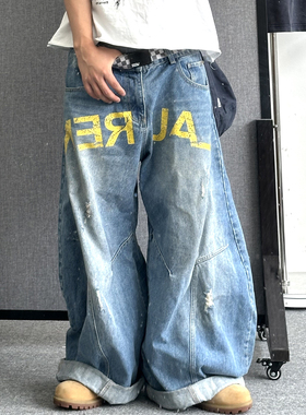 美式复古做旧水洗牛仔裤阔腿裤字母龟裂印花baggy弯刀裤低腰超大