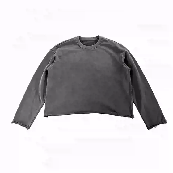 Basic Annals American-Style Terry Distressed Washed Frayed Hem Sweatshirt Boxy Base Layer Short Wide Top Long-Sleeve T-Shirt