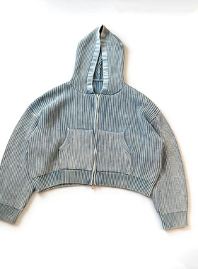 Basic annals水洗做旧连帽拉链卫衣蓝色开衫外套水洗毛衣boxy短款