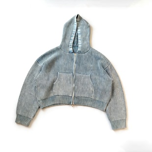 Basic annals水洗做旧连帽拉链卫衣蓝色开衫外套水洗毛衣boxy短款