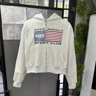 Basic annals美式复古做旧开衫卫衣外套短宽boxyfit上衣恶搞印花