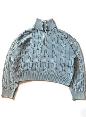 Basicannals麻花纹立领半拉链针织衫水洗老钱短款上衣复古做旧