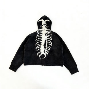 Basicannals美式暗黑连帽毛衣男提花超重针织衫外套夹克短宽boxy