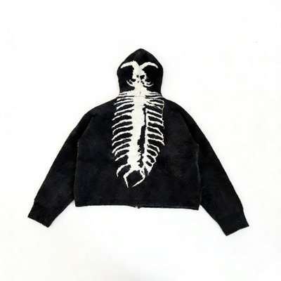 Basicannals美式暗黑连帽毛衣男提花超重针织衫外套夹克短宽boxy