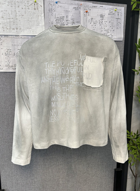 水洗泥染做旧破坏长袖T打底脏脏渐变短宽boxy上衣圆领325g卫衣