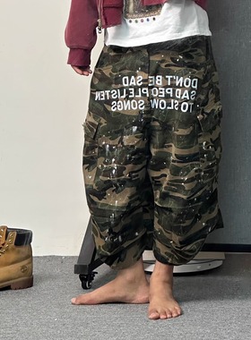 Basic annals美式复古做旧破洞泼墨短裤印花字母迷彩七分裤夏季