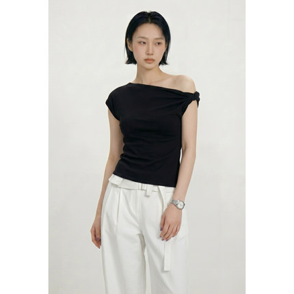 LINYUXI 不规则斜肩扭结天丝棉短袖T恤女夏季韩系设计感短款上衣
