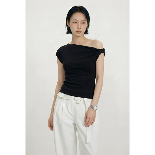 不规则斜肩扭结短袖T恤女