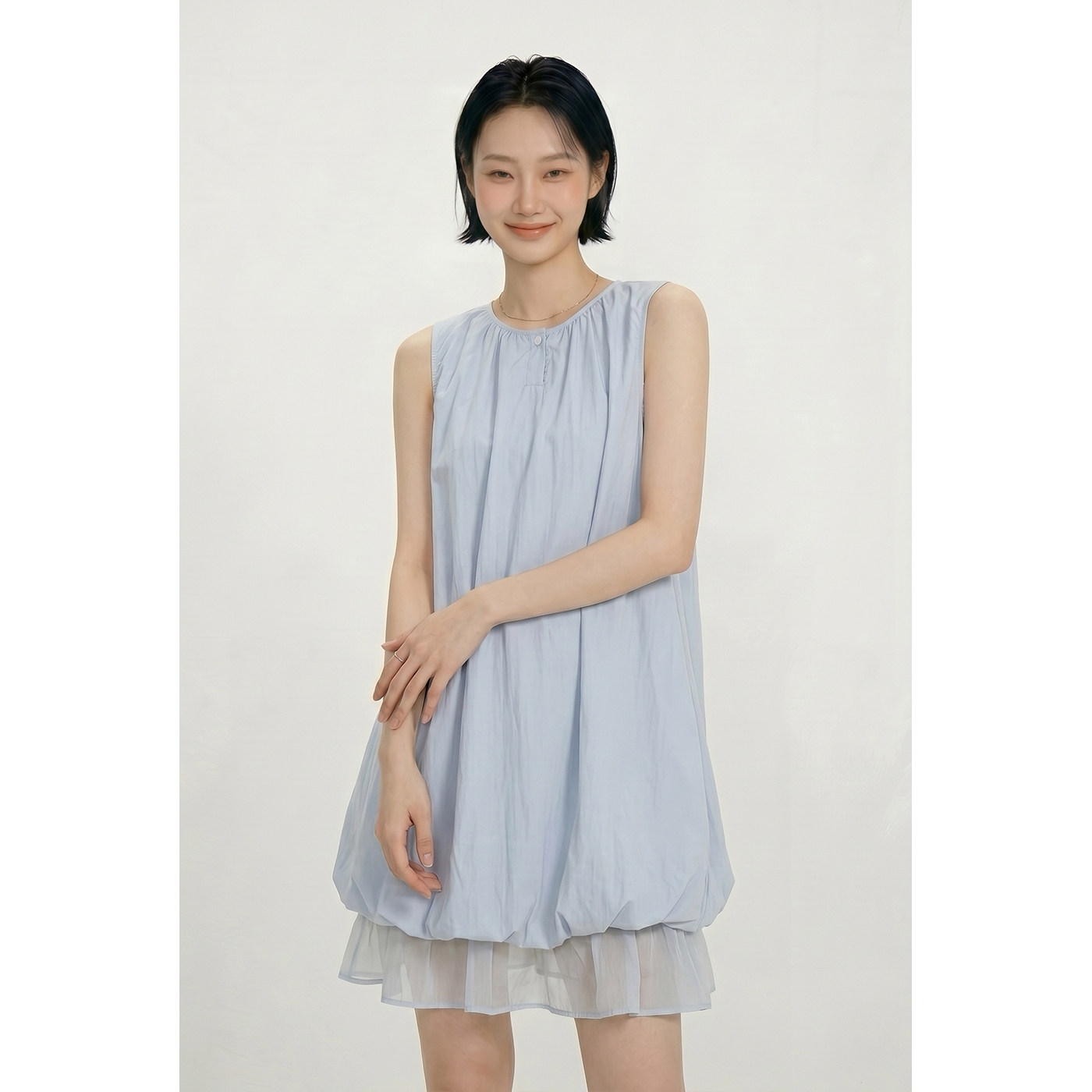 LINYUXI 网纱下摆花苞连衣裙女2026夏季小个子韩系宽松无袖背心裙