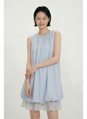 LINYUXI 网纱下摆花苞连衣裙女2026夏季小个子韩系宽松无袖背心裙